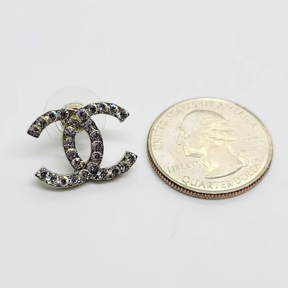 CHANEL Silver Large Crystal CC Classic Earrings